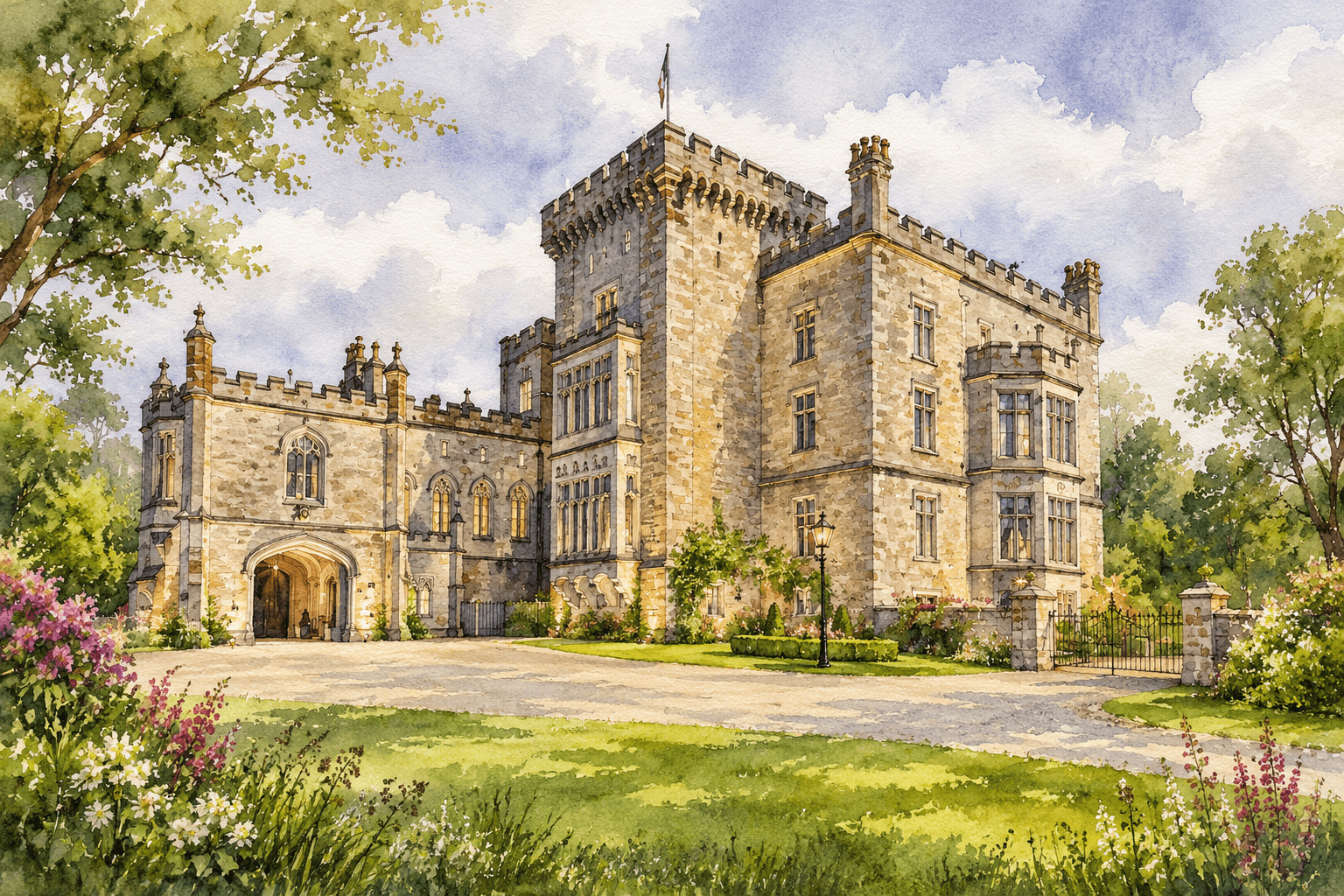 Markree Castle painted in soft spring watercolors