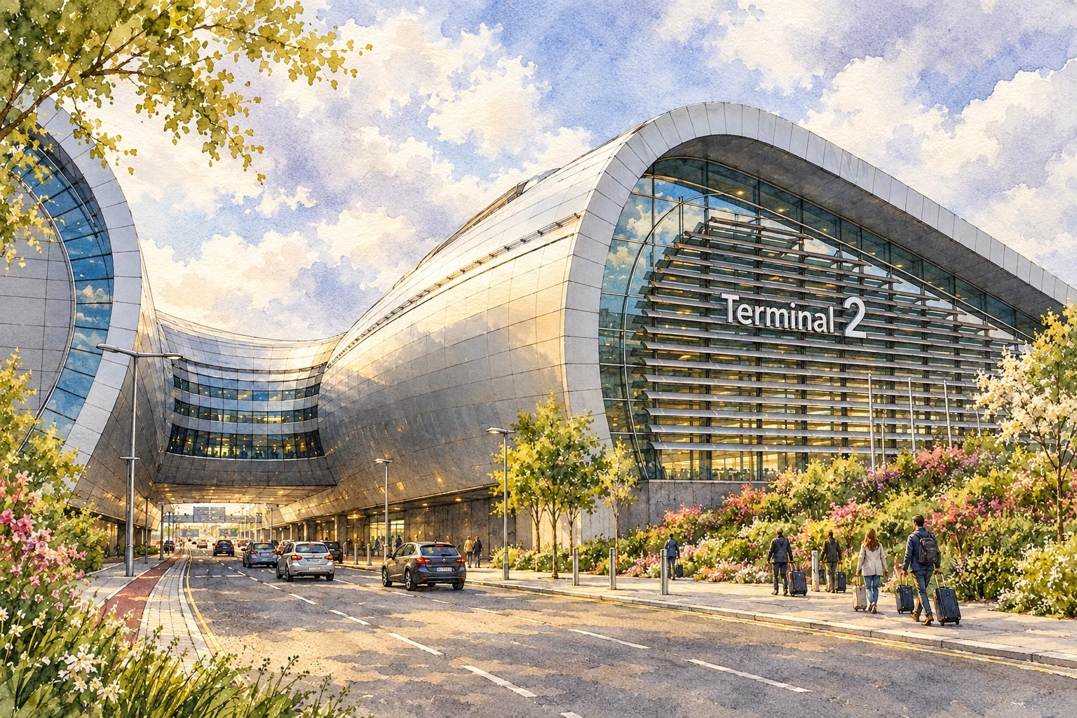 A watercolor of Dublin Airport’s sweeping Terminal 2 roof