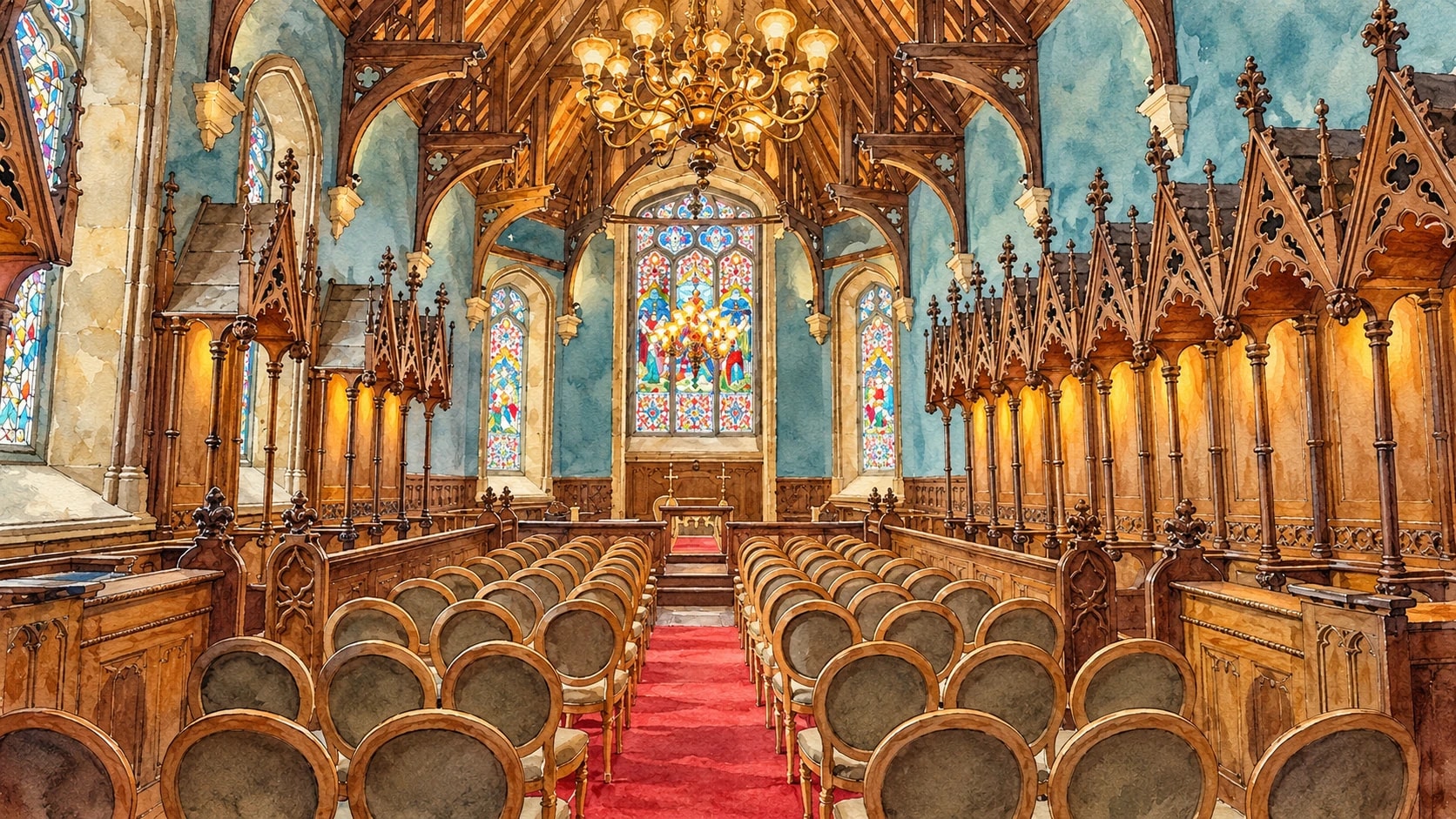 Watercolor of Markree Castle’s chapel, with stained glass, carved timber and a red-carpeted aisle