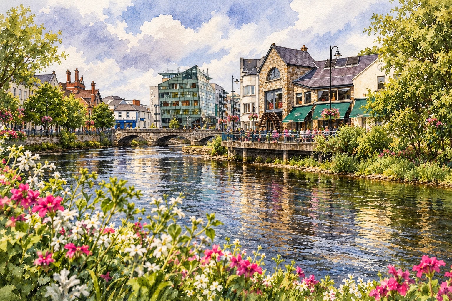 Watercolor of the River Garavogue and Sligo’s riverside buildings